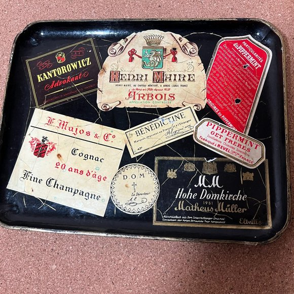 Vintage Mid Century French Wine and Liquor Label Decoupage Black Tray Distressed - Picture 3 of 8